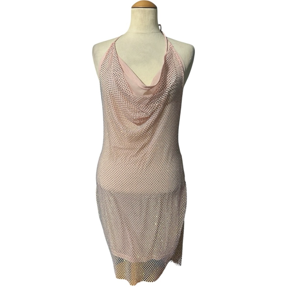 Edge Mesh Diamond Halter Dress Pink Size L